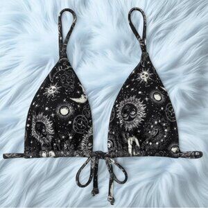 NWOT Black & White Ribbed Celestial Moon Stars Boho Hippie Bikini Top - S/M